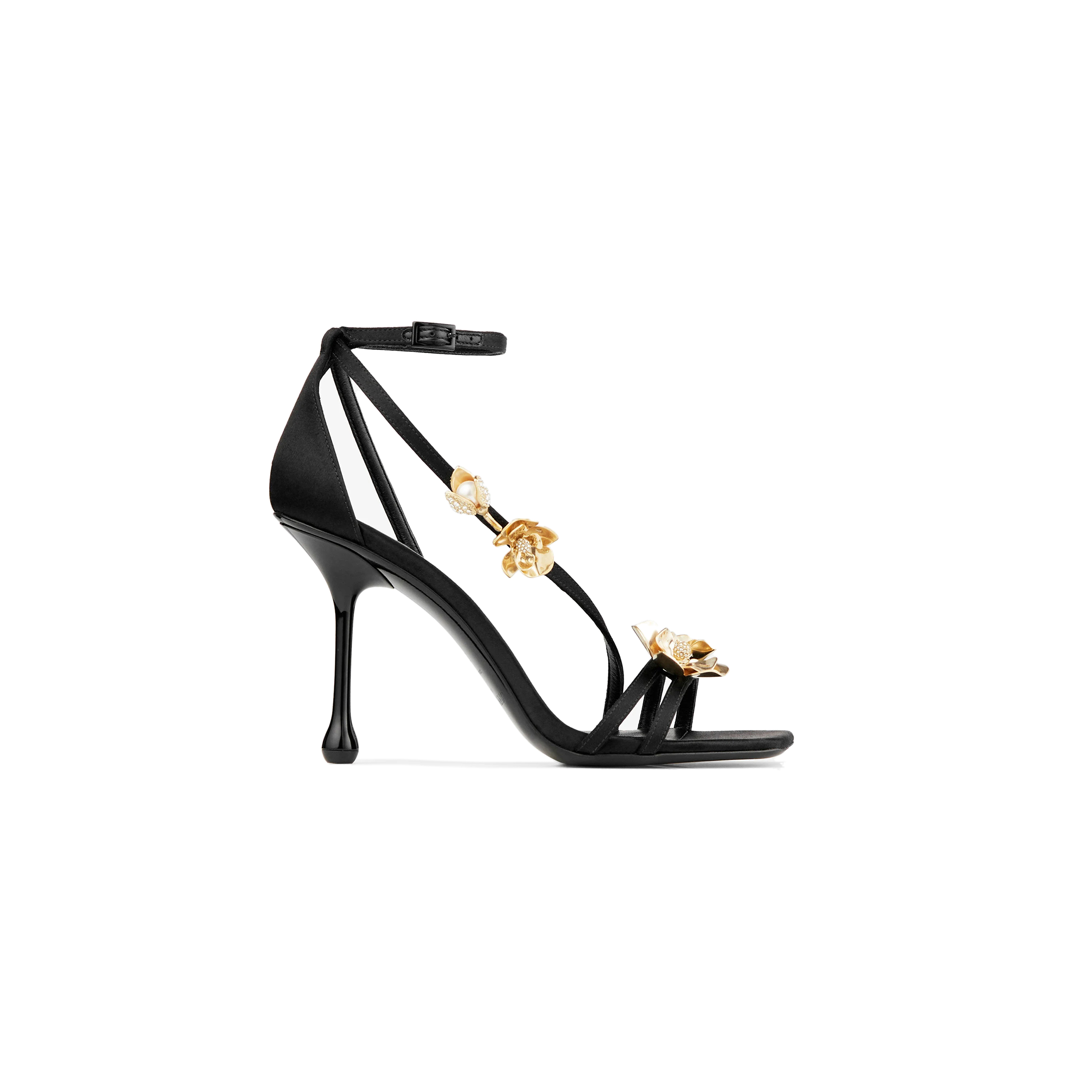 JIMMY CHOO ZEA 95 BLACK SATIN SANDALS WITH METAL FLOWERS ZEA95BGU